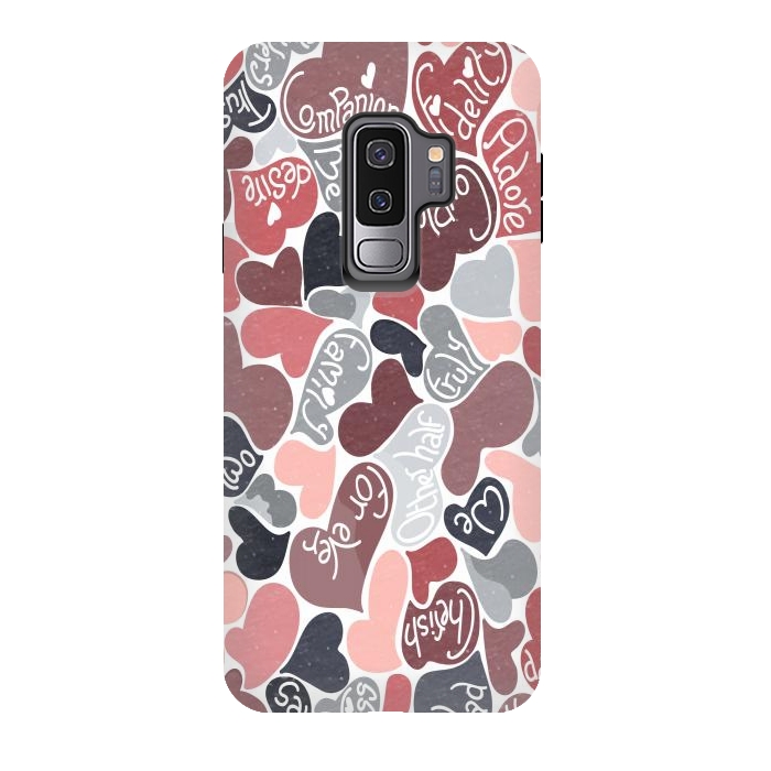 Galaxy S9 plus StrongFit Love hearts with loving words in pink and grey by Paula Ohreen