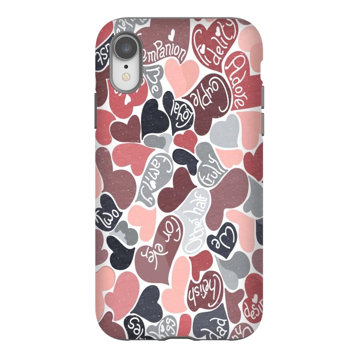 iPhone Xr StrongFit Love hearts with loving words in pink and grey by Paula Ohreen