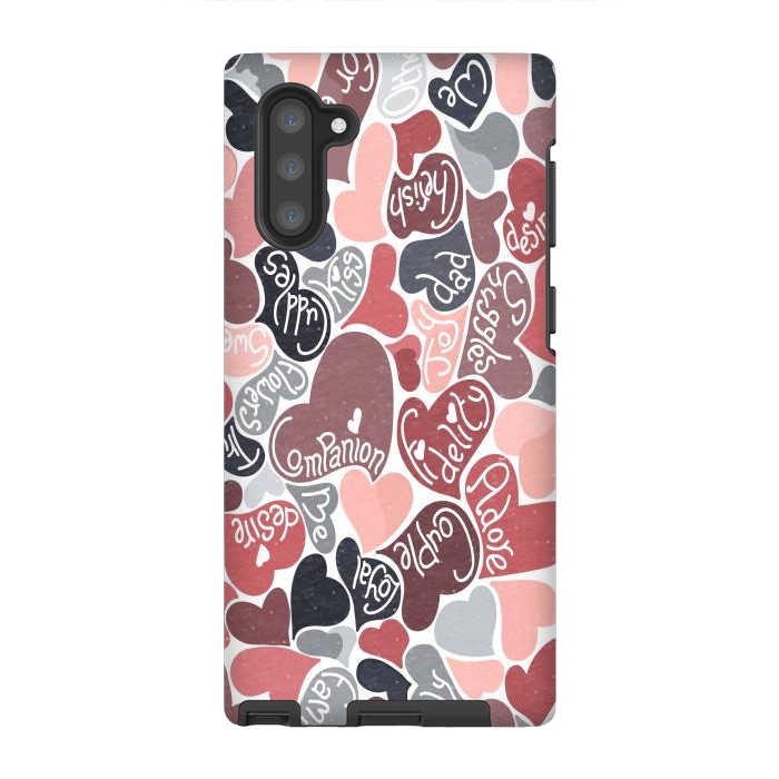 Galaxy Note 10 StrongFit Love hearts with loving words in pink and grey by Paula Ohreen