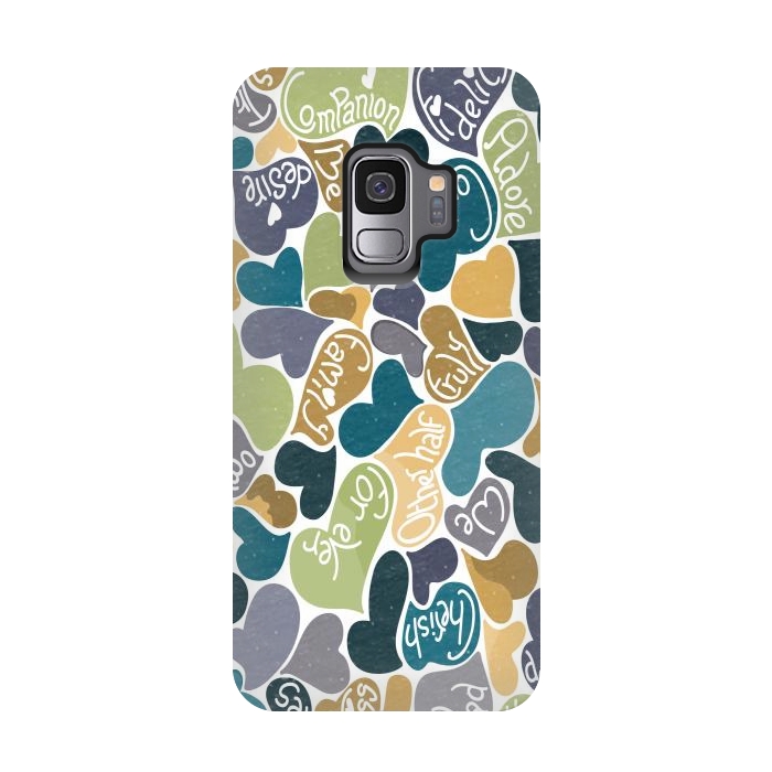 Galaxy S9 StrongFit Love hearts with loving words in blue and green by Paula Ohreen