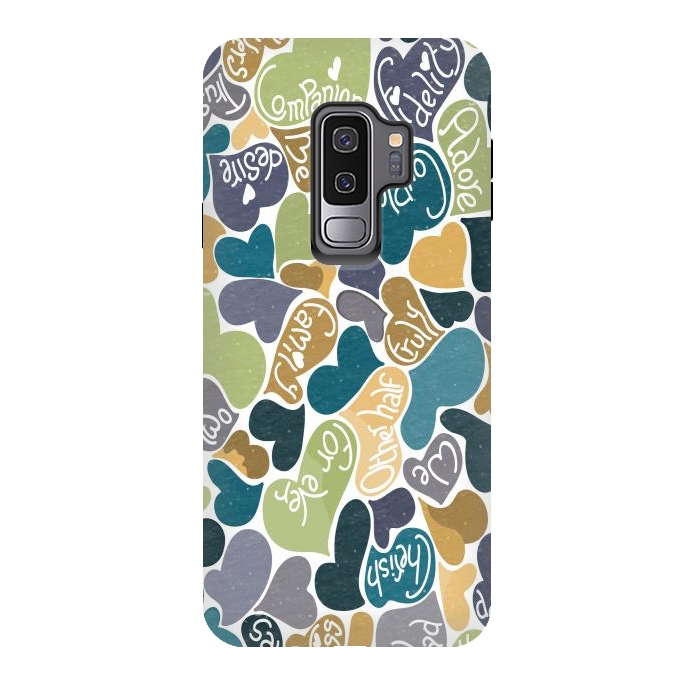 Galaxy S9 plus StrongFit Love hearts with loving words in blue and green by Paula Ohreen