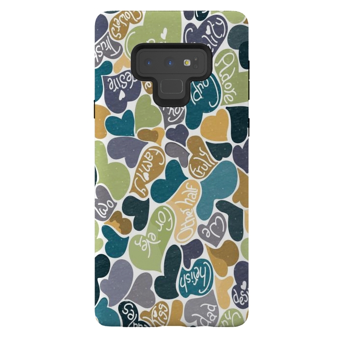 Galaxy Note 9 StrongFit Love hearts with loving words in blue and green by Paula Ohreen