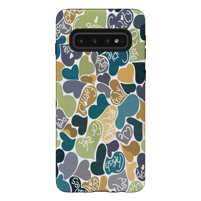 Galaxy S10 StrongFit Love hearts with loving words in blue and green by Paula Ohreen
