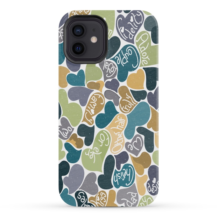 iPhone 12 mini StrongFit Love hearts with loving words in blue and green by Paula Ohreen