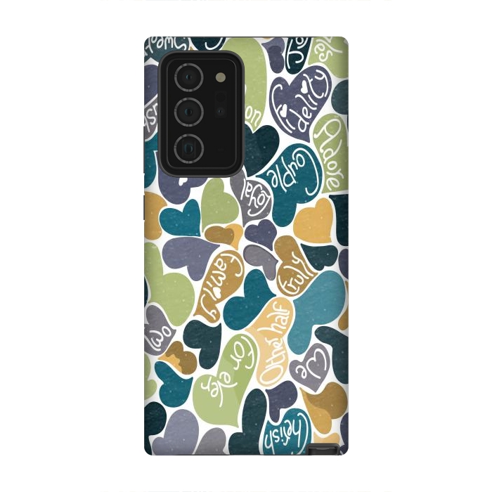 Galaxy Note 20 Ultra StrongFit Love hearts with loving words in blue and green by Paula Ohreen