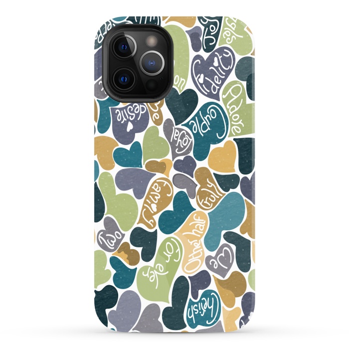 iPhone 12 Pro Max StrongFit Love hearts with loving words in blue and green by Paula Ohreen