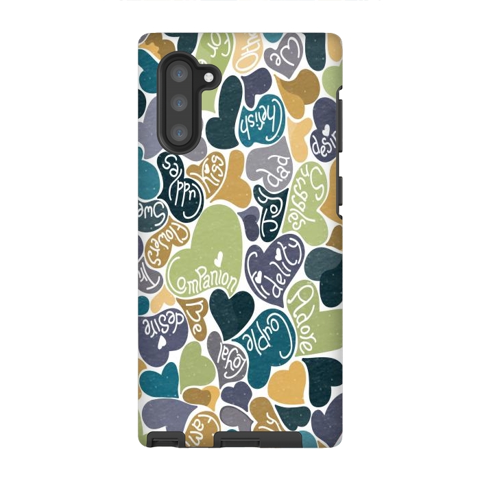 Galaxy Note 10 StrongFit Love hearts with loving words in blue and green by Paula Ohreen