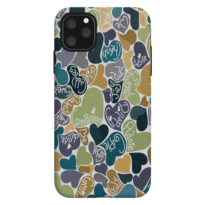 iPhone 11 Pro Max StrongFit Love hearts with loving words in blue and green by Paula Ohreen