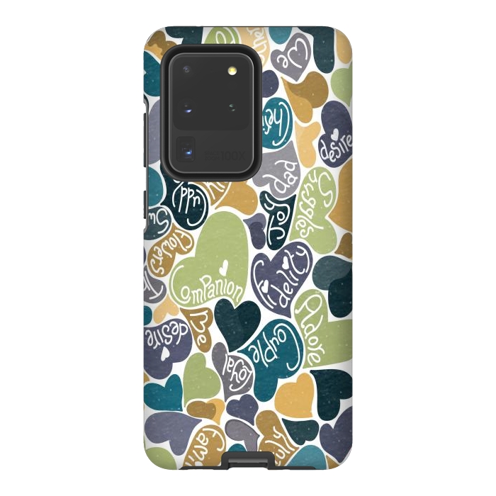Galaxy S20 Ultra StrongFit Love hearts with loving words in blue and green by Paula Ohreen