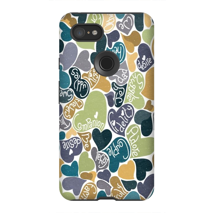 Pixel 3XL StrongFit Love hearts with loving words in blue and green by Paula Ohreen