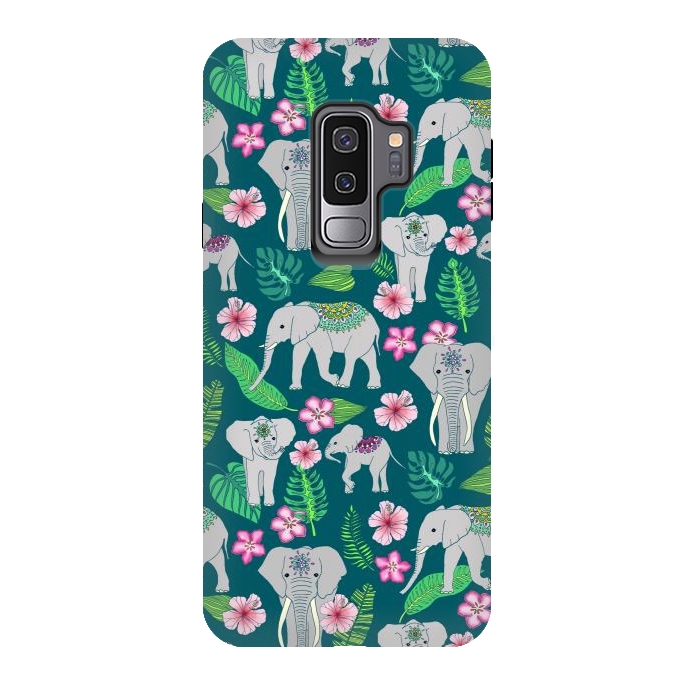 Galaxy S9 plus StrongFit Elephants of the Jungle on Green by Tangerine-Tane