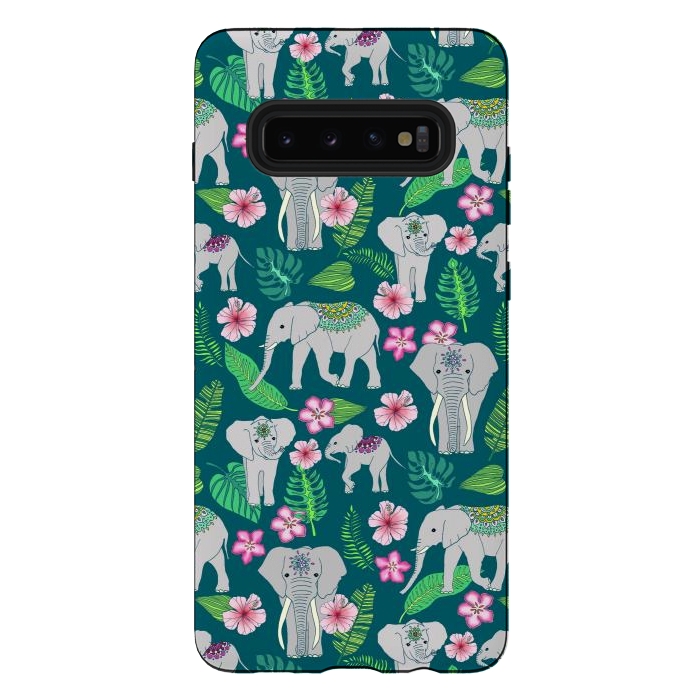 Galaxy S10 plus StrongFit Elephants of the Jungle on Green by Tangerine-Tane