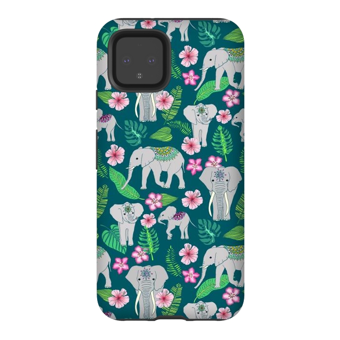 Pixel 4 StrongFit Elephants of the Jungle on Green by Tangerine-Tane