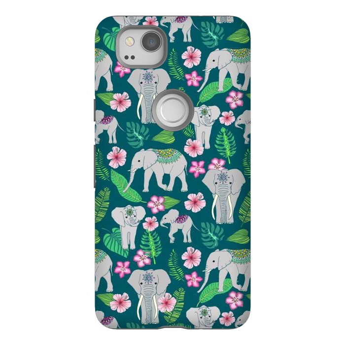 Pixel 2 StrongFit Elephants of the Jungle on Green by Tangerine-Tane