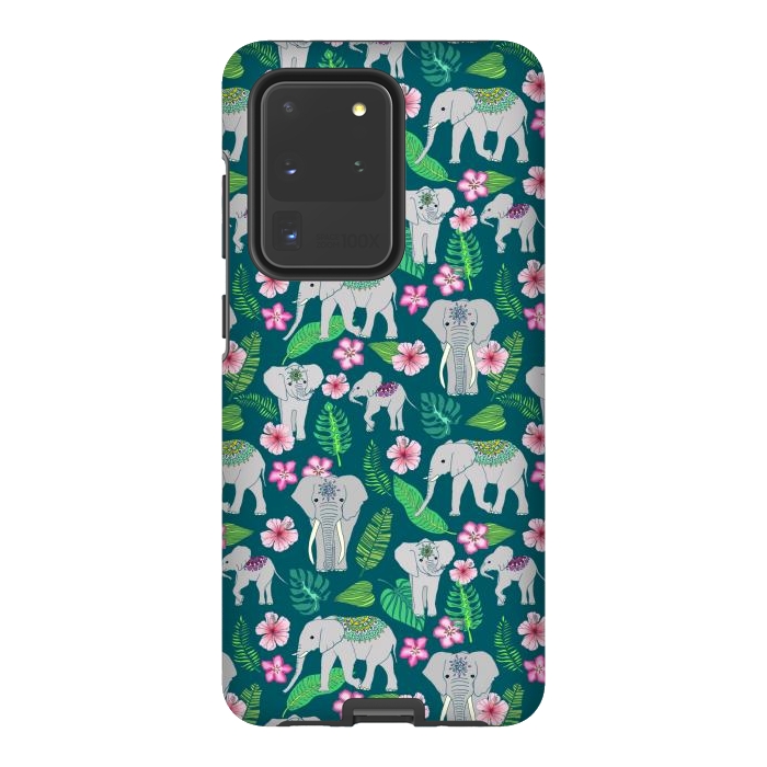 Galaxy S20 Ultra StrongFit Elephants of the Jungle on Green by Tangerine-Tane