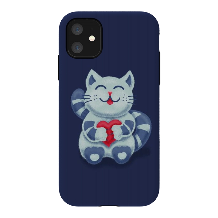 iPhone 11 StrongFit Cute Blue Kitty With Heart In Love by Boriana Giormova