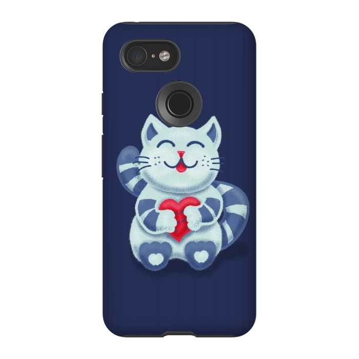 Pixel 3 StrongFit Cute Blue Kitty With Heart In Love by Boriana Giormova