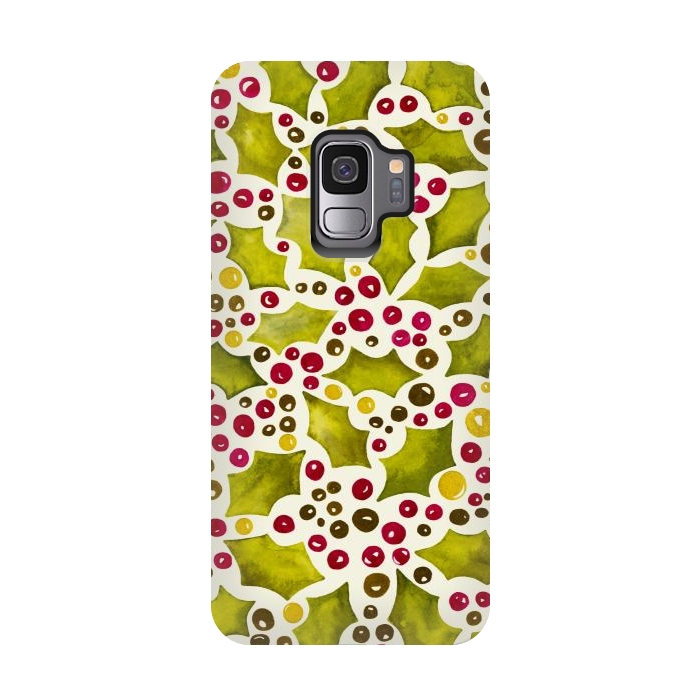 Galaxy S9 StrongFit Watercolour Christmas Holly and Berries Pattern by Paula Ohreen
