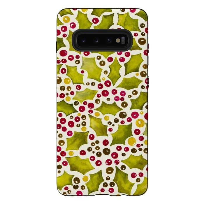 Galaxy S10 plus StrongFit Watercolour Christmas Holly and Berries Pattern by Paula Ohreen