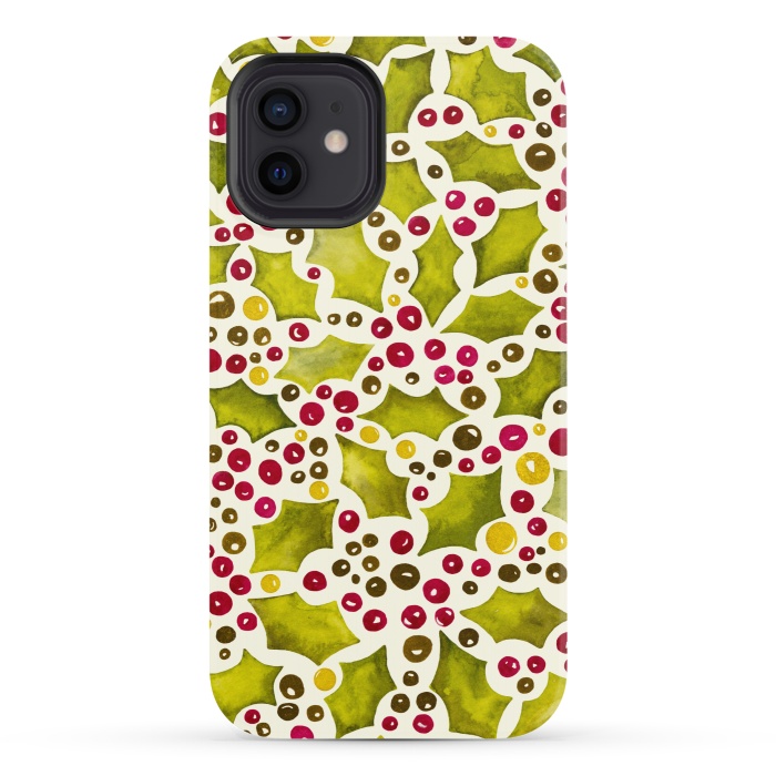 iPhone 12 StrongFit Watercolour Christmas Holly and Berries Pattern by Paula Ohreen