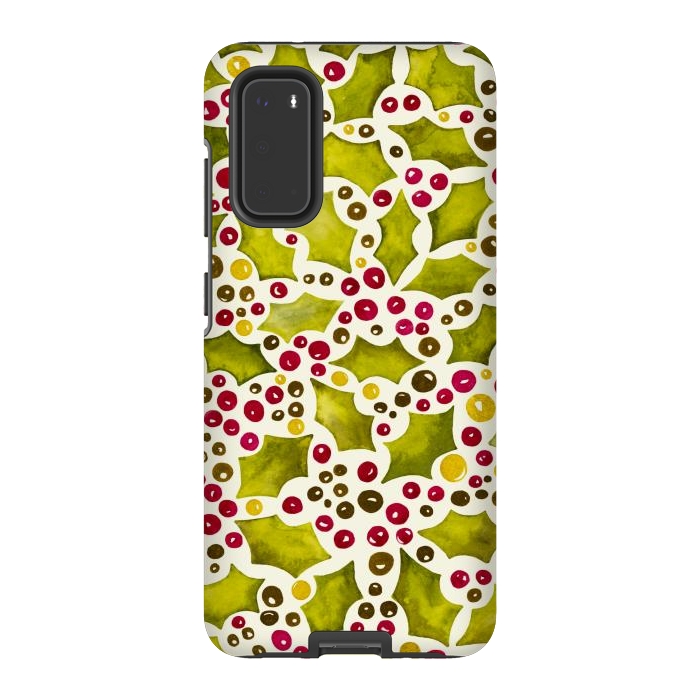 Galaxy S20 StrongFit Watercolour Christmas Holly and Berries Pattern by Paula Ohreen