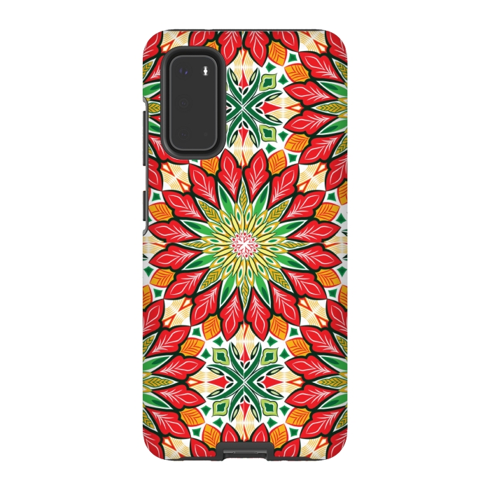 Galaxy S20 StrongFit ORANGE RED FLORAL GREEN PRINT by MALLIKA