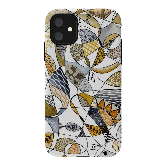 iPhone 11 StrongFit Continuous Line Abstract Art in Grey and Yellow by Paula Ohreen