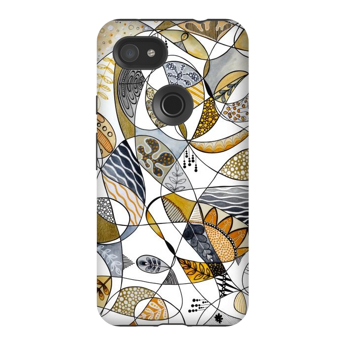 Pixel 3AXL StrongFit Continuous Line Abstract Art in Grey and Yellow by Paula Ohreen