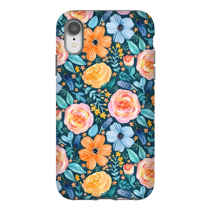 iPhone Xr StrongFit Bold Blooms on Dark Teal by Tangerine-Tane