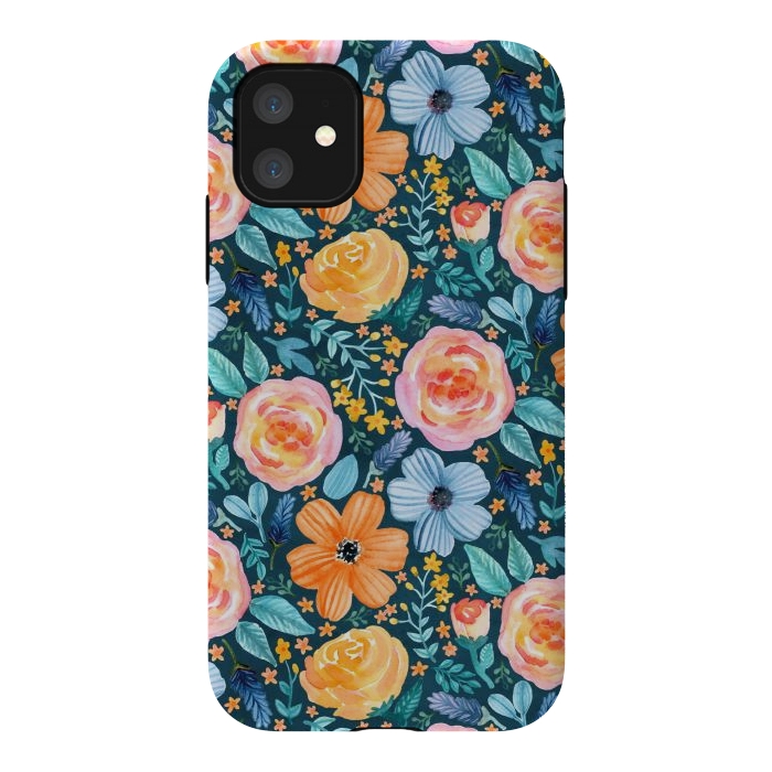iPhone 11 StrongFit Bold Blooms on Dark Teal by Tangerine-Tane