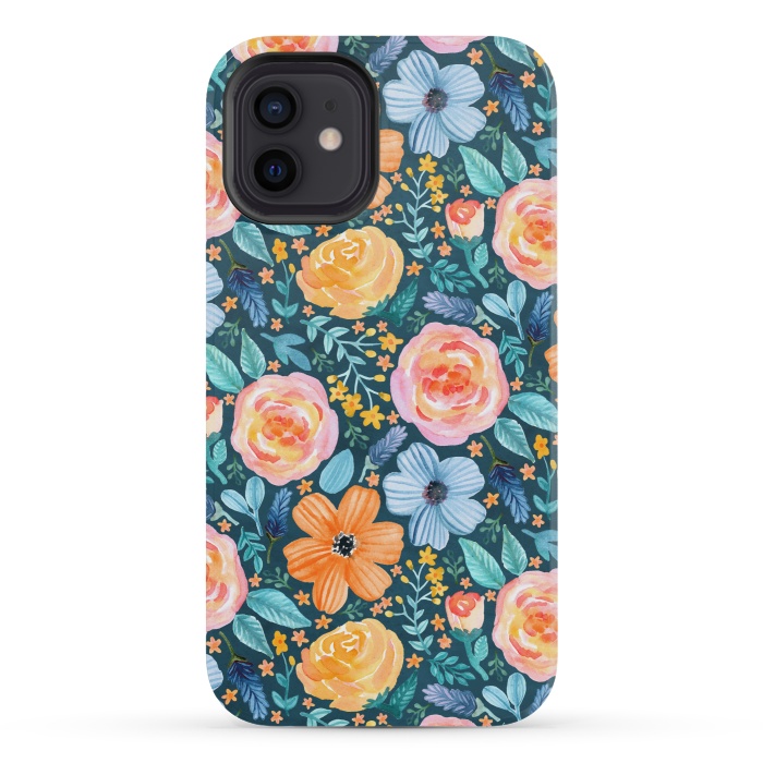 iPhone 12 mini StrongFit Bold Blooms on Dark Teal by Tangerine-Tane