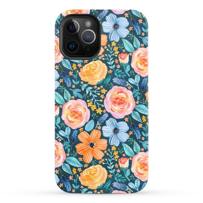 iPhone 12 Pro StrongFit Bold Blooms on Dark Teal by Tangerine-Tane