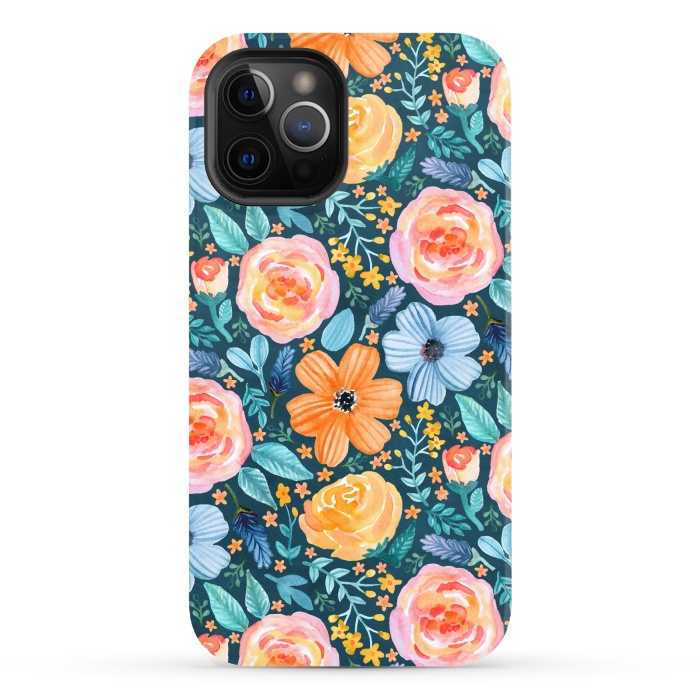 iPhone 12 Pro Max StrongFit Bold Blooms on Dark Teal by Tangerine-Tane