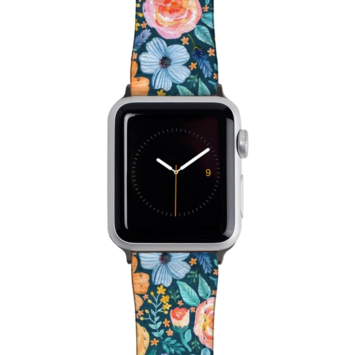 Watch 38mm / 40mm Strap PU leather Bold Blooms on Dark Teal by Tangerine-Tane