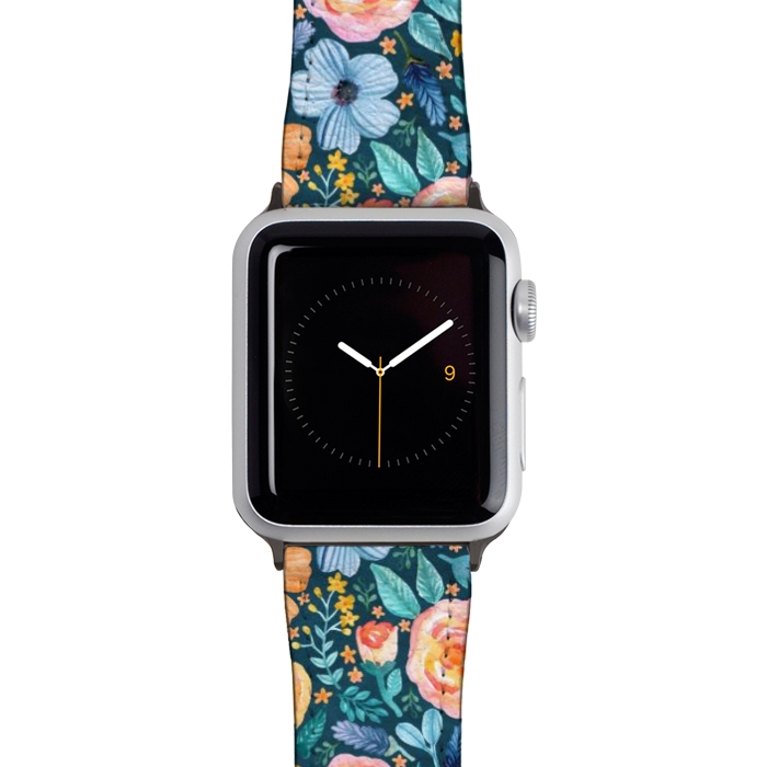 Watch 42mm / 44mm Strap PU leather Bold Blooms on Dark Teal by Tangerine-Tane
