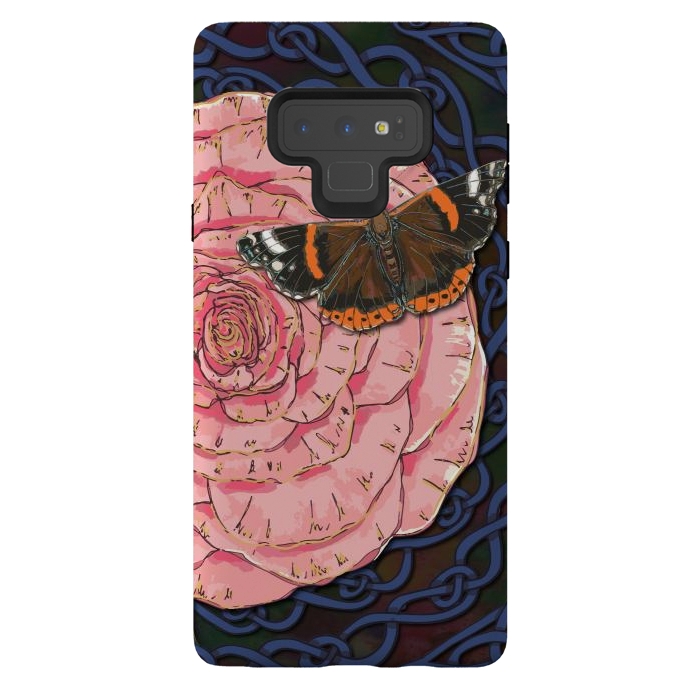 Galaxy Note 9 StrongFit Pink Rose and Butterfly by Lotti Brown