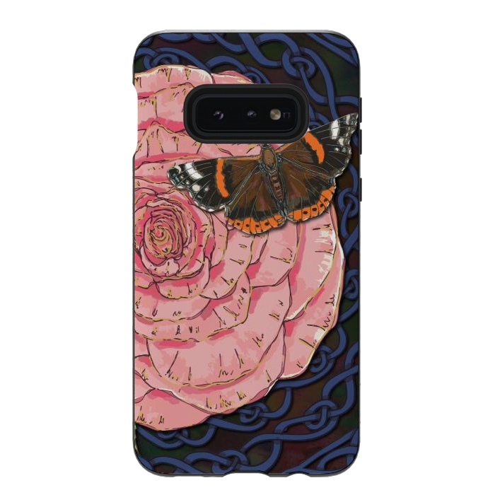 Galaxy S10e StrongFit Pink Rose and Butterfly by Lotti Brown