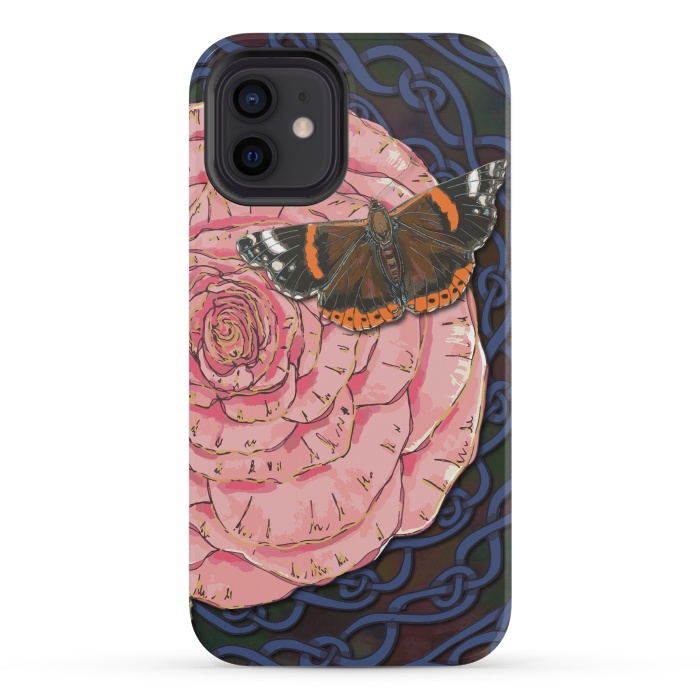 iPhone 12 mini StrongFit Pink Rose and Butterfly by Lotti Brown