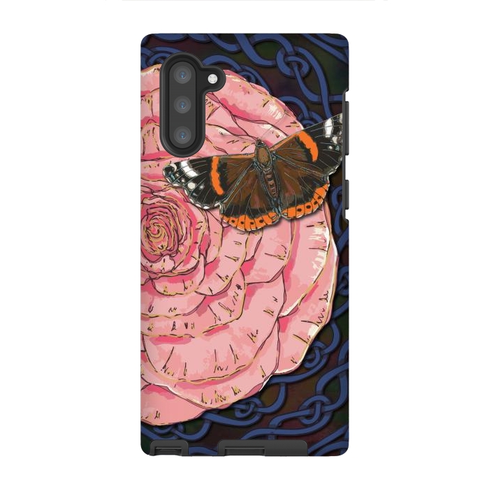 Galaxy Note 10 StrongFit Pink Rose and Butterfly by Lotti Brown