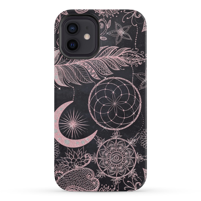 iPhone 12 mini StrongFit Rose Gold Glitter Dreamcatcher Feathers Mandala by InovArts