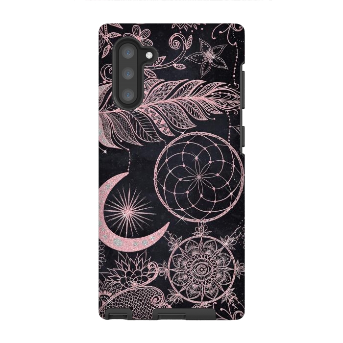 Galaxy Note 10 StrongFit Rose Gold Glitter Dreamcatcher Feathers Mandala by InovArts