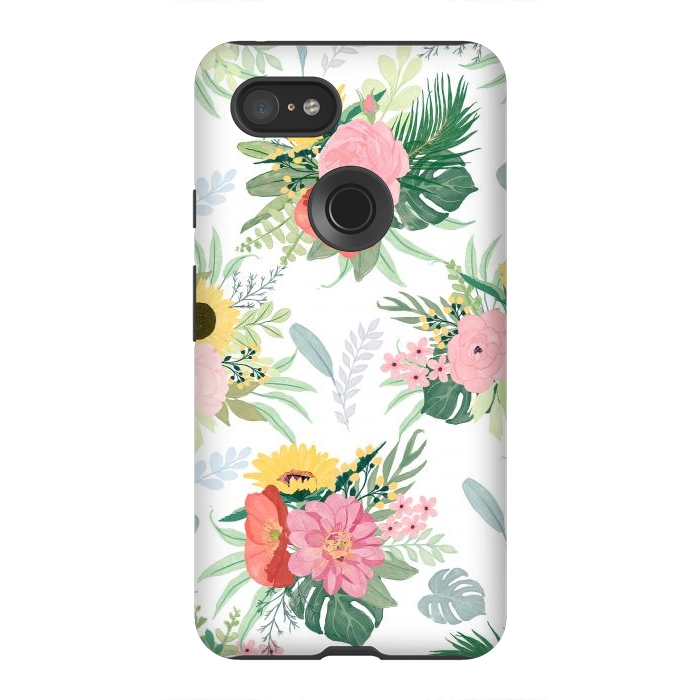 Pixel 3XL StrongFit Girly Watercolor Poppy & Sunflowers Floral Design by InovArts