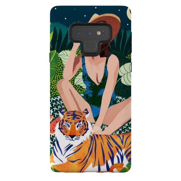 Galaxy Note 9 StrongFit Living In The Jungle, Tiger Tropical Picnic Illustration, Forest Woman Bohemian Travel Camp Wild by Uma Prabhakar Gokhale