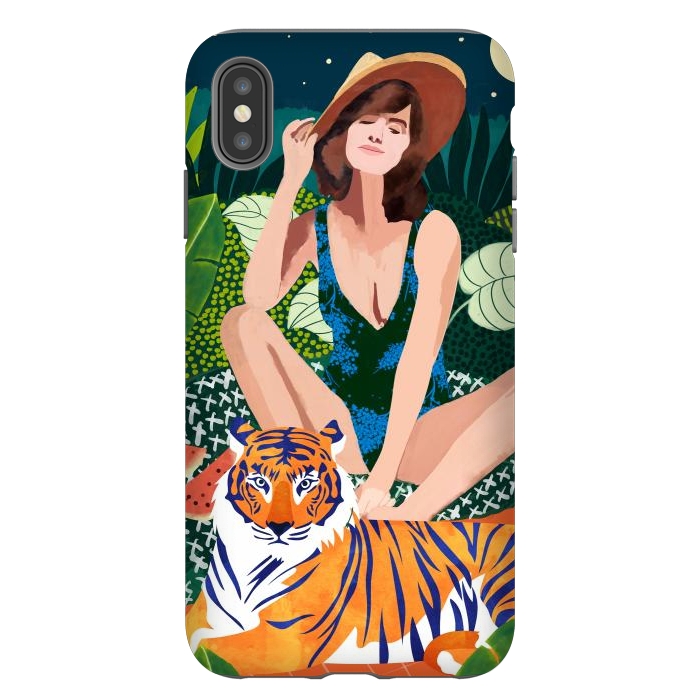 iPhone Xs Max StrongFit Living In The Jungle, Tiger Tropical Picnic Illustration, Forest Woman Bohemian Travel Camp Wild by Uma Prabhakar Gokhale