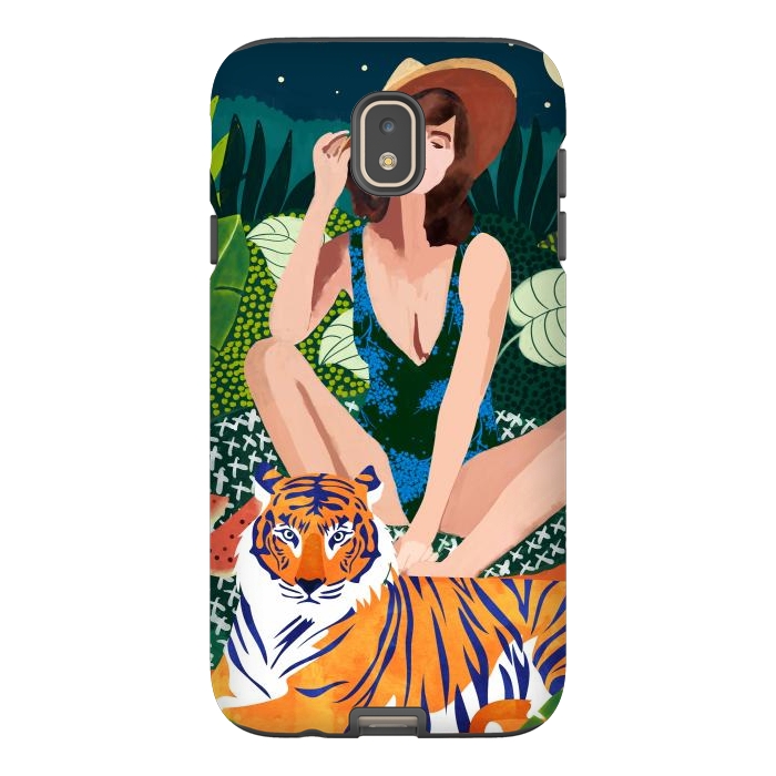 Galaxy J7 StrongFit Living In The Jungle, Tiger Tropical Picnic Illustration, Forest Woman Bohemian Travel Camp Wild by Uma Prabhakar Gokhale