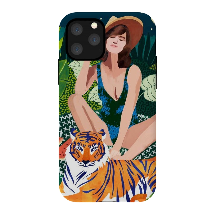 iPhone 11 Pro StrongFit Living In The Jungle, Tiger Tropical Picnic Illustration, Forest Woman Bohemian Travel Camp Wild by Uma Prabhakar Gokhale