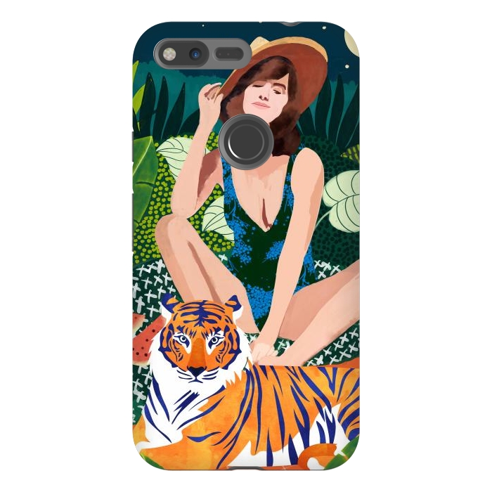 Pixel XL StrongFit Living In The Jungle, Tiger Tropical Picnic Illustration, Forest Woman Bohemian Travel Camp Wild by Uma Prabhakar Gokhale