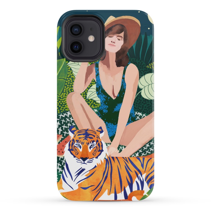 iPhone 12 mini StrongFit Living In The Jungle, Tiger Tropical Picnic Illustration, Forest Woman Bohemian Travel Camp Wild by Uma Prabhakar Gokhale