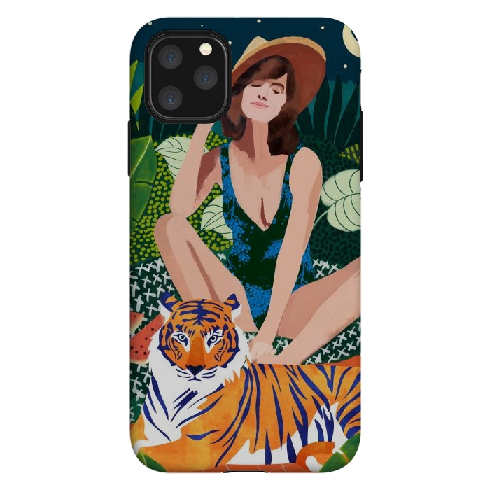 iPhone 11 Pro Max StrongFit Living In The Jungle, Tiger Tropical Picnic Illustration, Forest Woman Bohemian Travel Camp Wild by Uma Prabhakar Gokhale