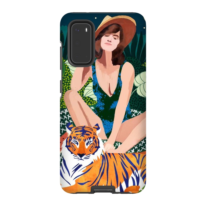 Galaxy S20 StrongFit Living In The Jungle, Tiger Tropical Picnic Illustration, Forest Woman Bohemian Travel Camp Wild by Uma Prabhakar Gokhale